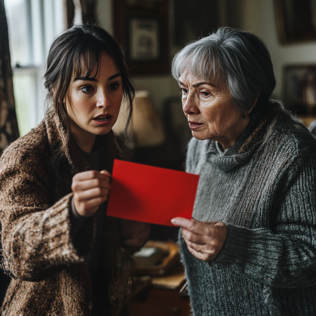 Sarah konfrontiert Evelyn mit der geheimnisvollen Notiz | Quelle: Midjourney