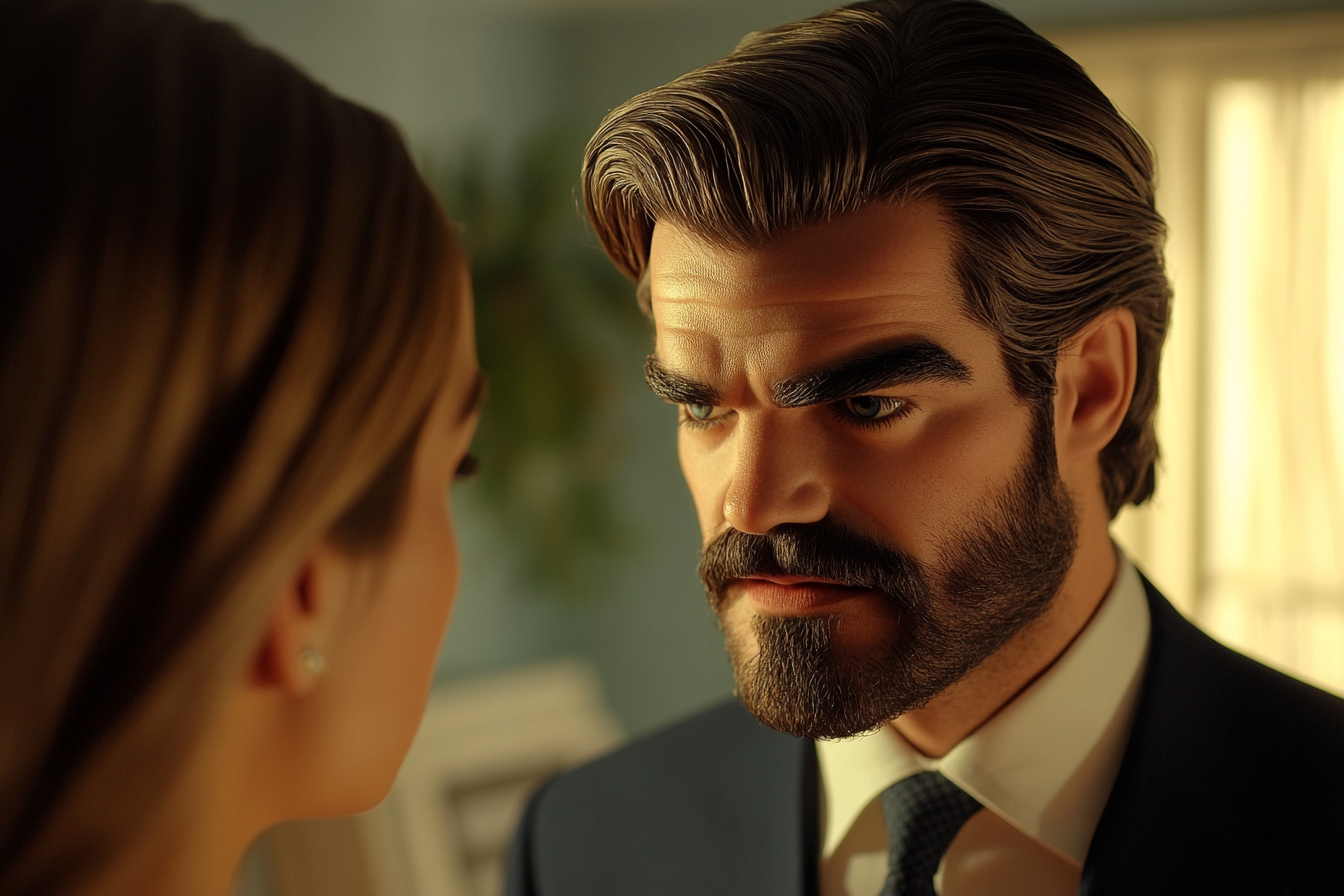 Ein Mann schaut nach unten, während er sich bei seiner Frau entschuldigt | Quelle: Midjourney