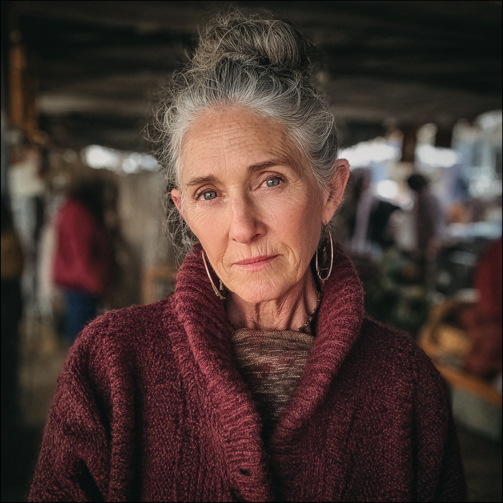 Eine besorgte alte Frau, die auf einem Flohmarkt steht | Quelle: Midjourney