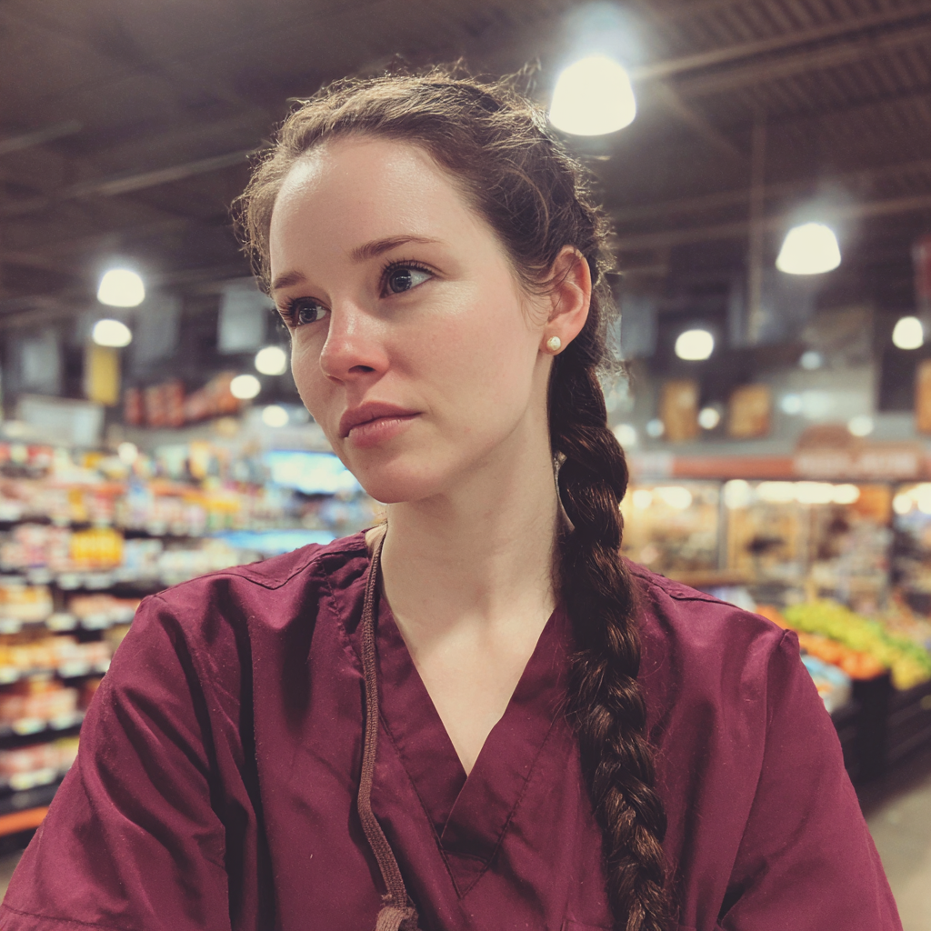 Eine Krankenschwester in einem Lebensmittelladen | Quelle: Midjourney