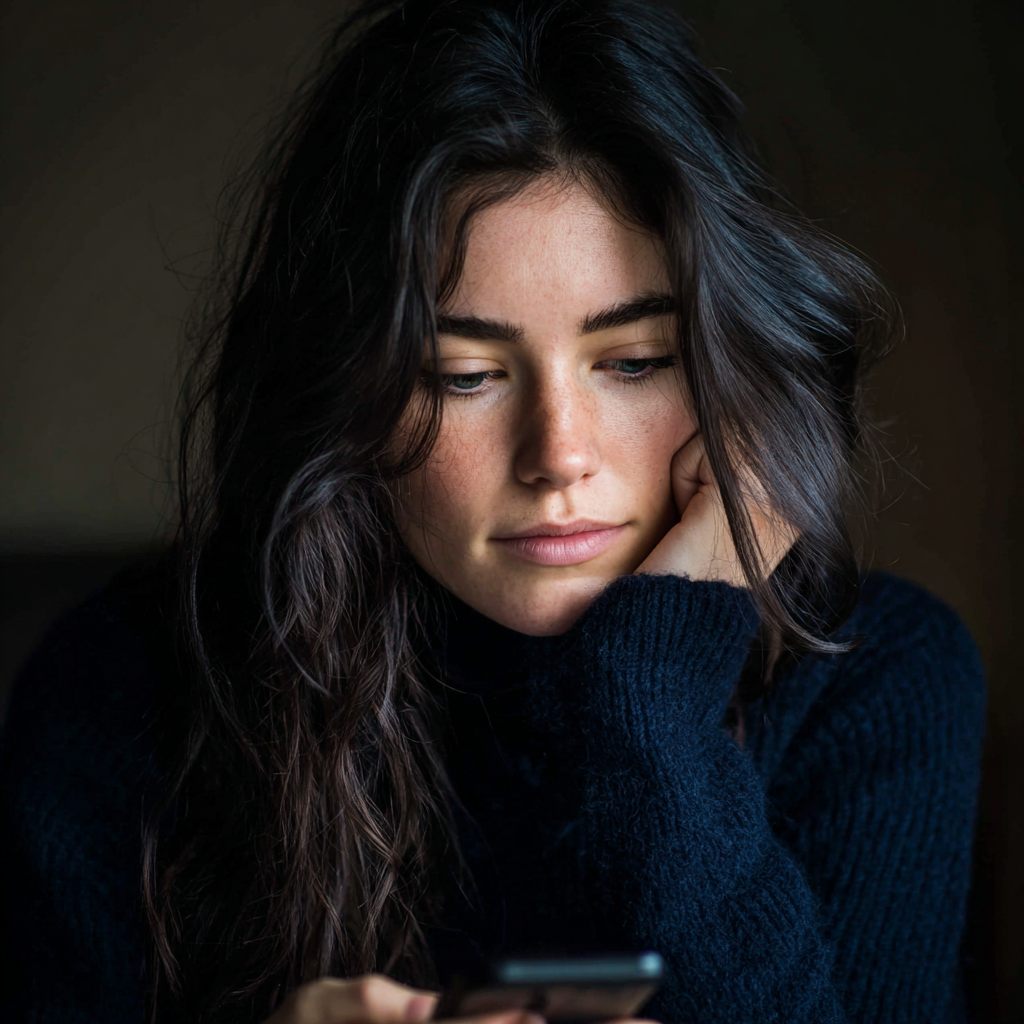 Eine nachdenkliche Frau, die ihr Handy hält | Quelle: Midjourney