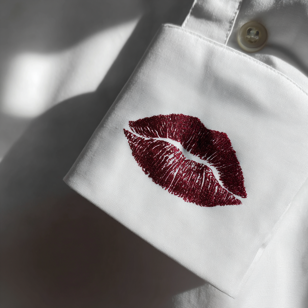 Ein Lippenstiftfleck auf einem weißen formellen Hemd | Quelle: Midjourney