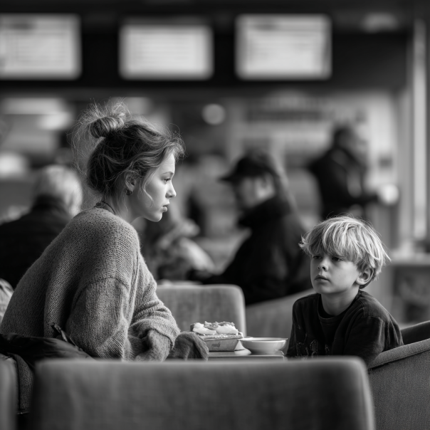 Eine Frau und ein Junge sitzen in einem Wartebereich | Quelle: Midjourney