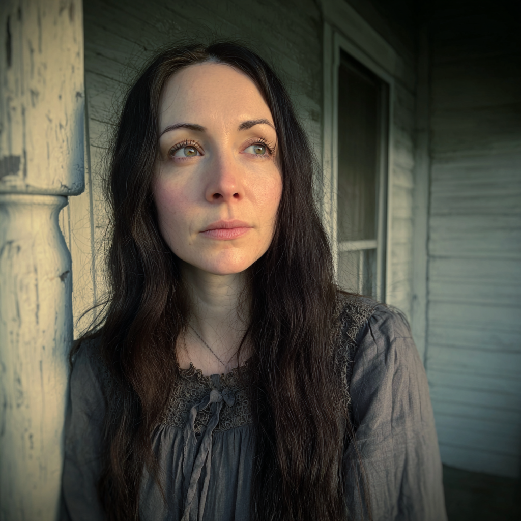 Eine blasse Frau, die auf einer Veranda steht | Quelle: Midjourney