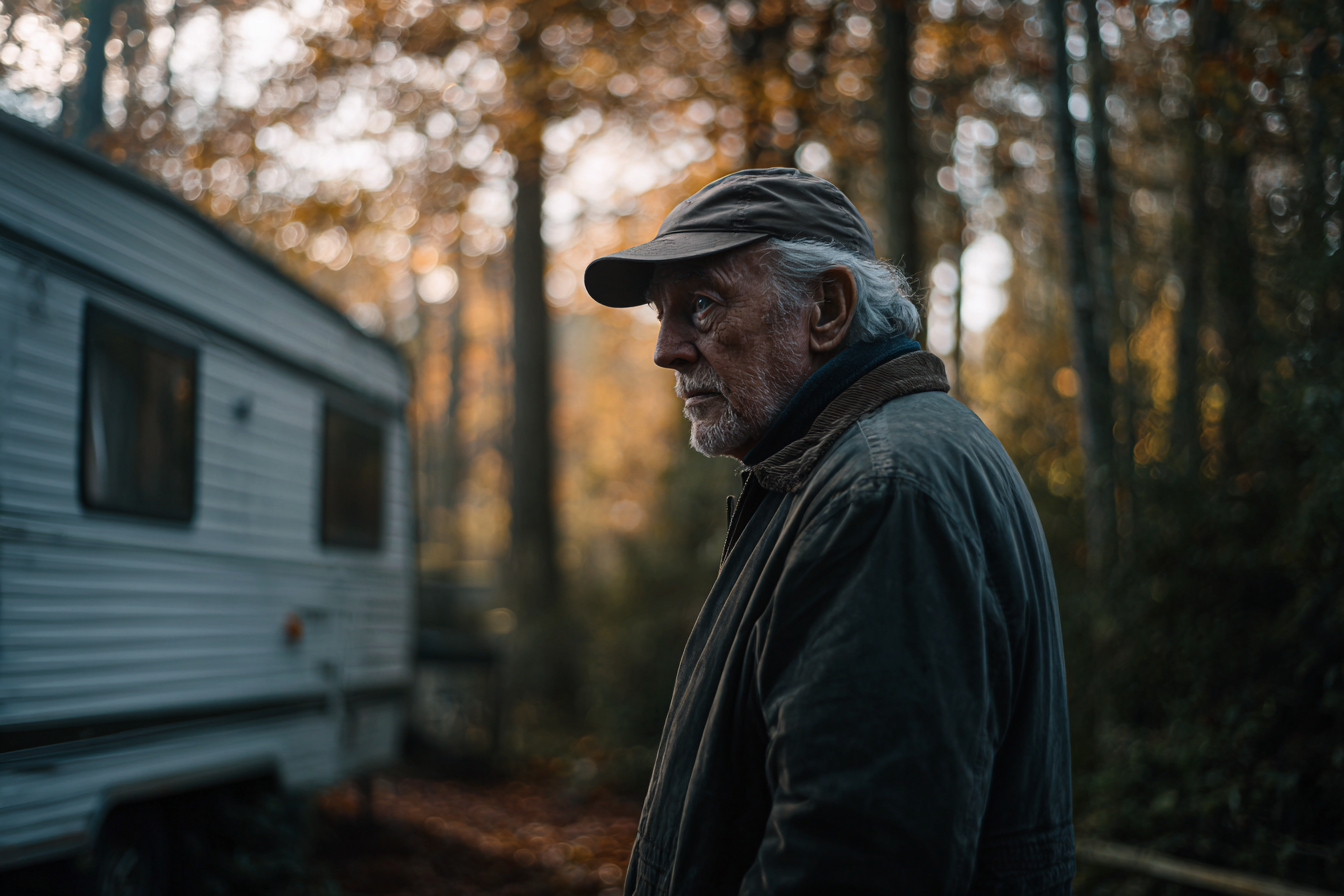 Ein Mann steht neben einem Wohnwagen | Quelle: Midjourney