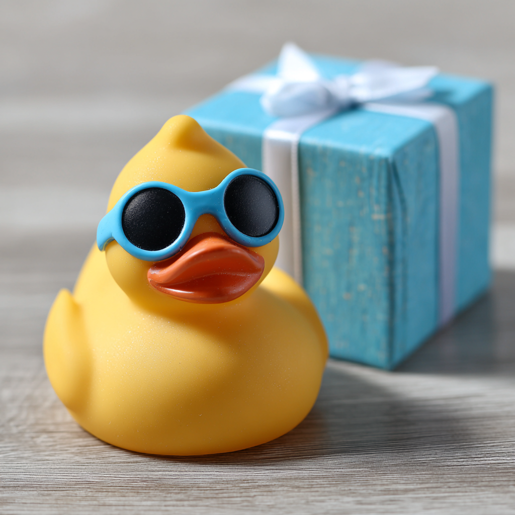 Eine Gummi-Ente auf einem Tisch neben einer Geschenkbox | Quelle: Midjourney