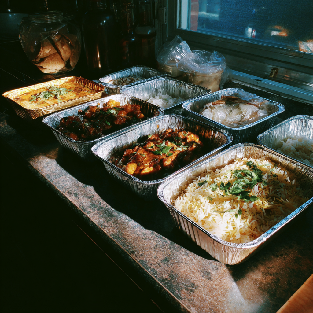 Essensbehälter zum Mitnehmen auf einer Küchentheke | Quelle: Midjourney