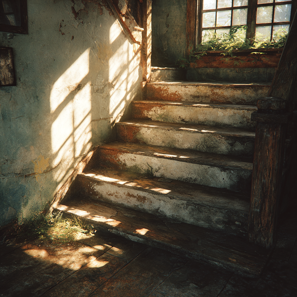 Die alte Treppe eines heruntergekommenen Hauses | Quelle: Midjourney