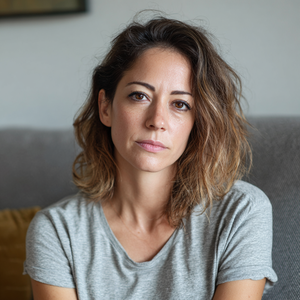 Eine nachdenkliche Frau sitzt auf einer Couch | Quelle: Midjourney
