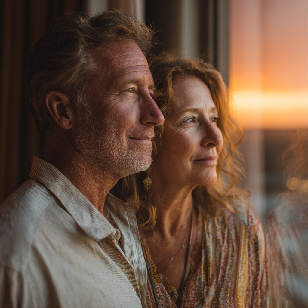 Ein glückliches Paar beim Blick auf den Sonnenaufgang | Quelle: Midjourney