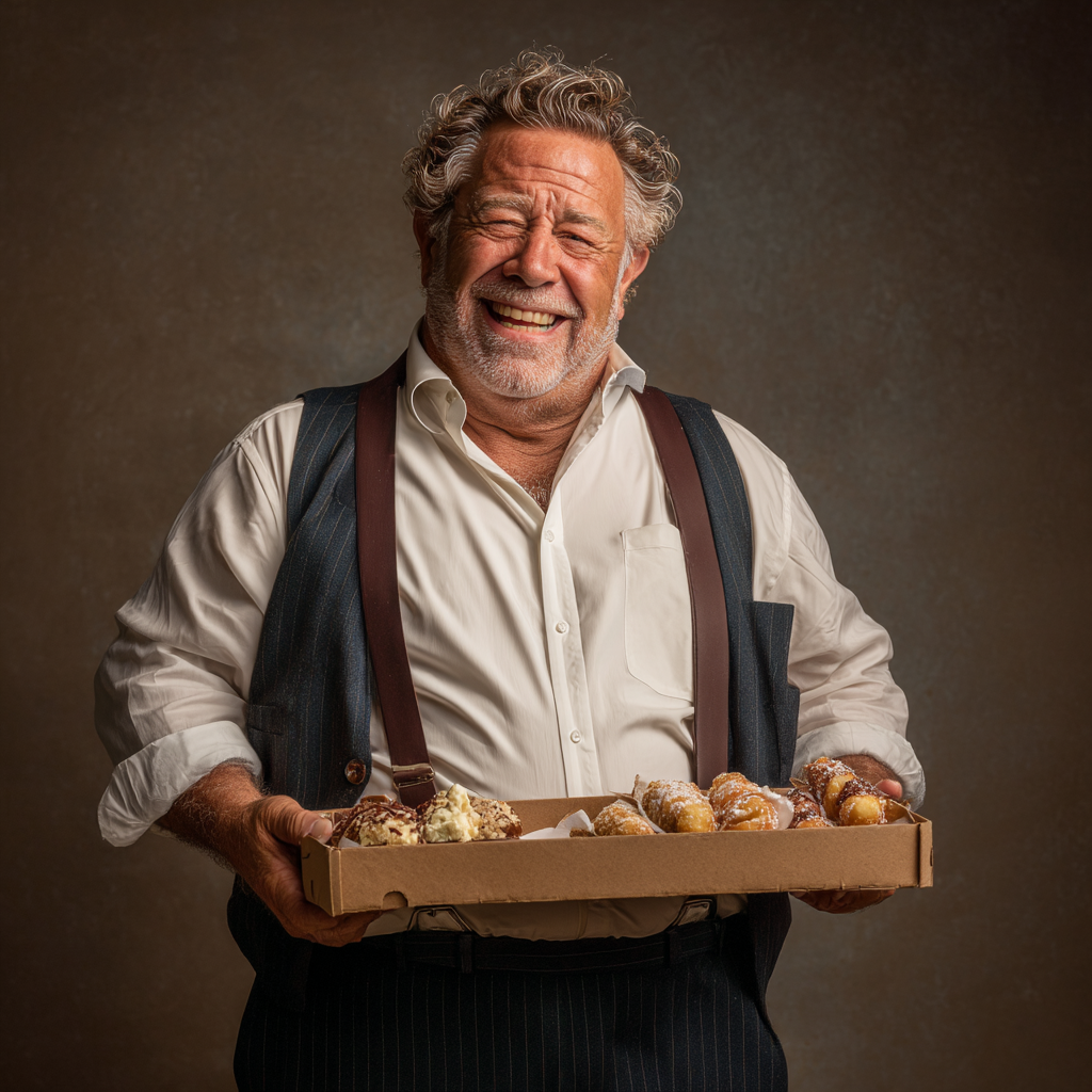 Ein glücklicher Mann mit einer Schachtel Cannoli | Quelle: Midjourney