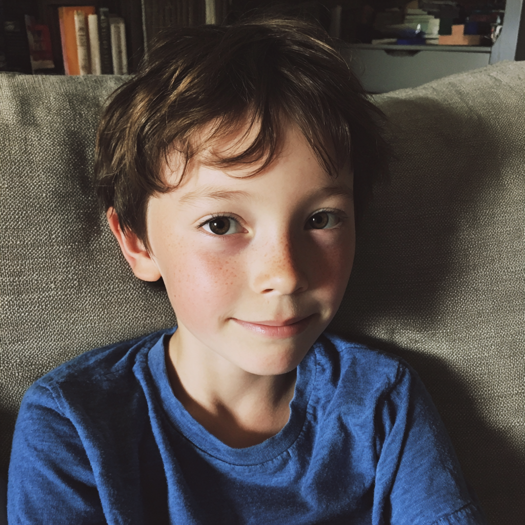 Ein lächelnder kleiner Junge sitzt auf einer Couch | Quelle: Midjourney