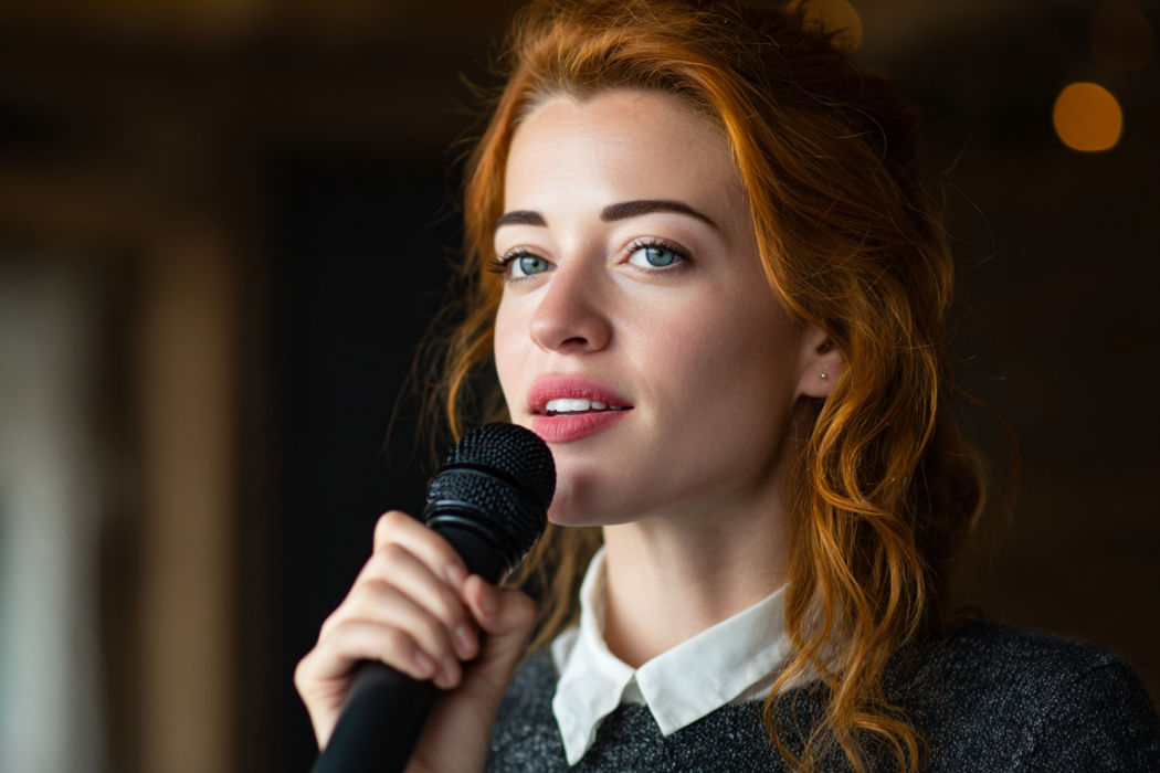 Eine Kellnerin, die auf einer Hochzeit in ein Mikrofon spricht | Quelle: Midjourney