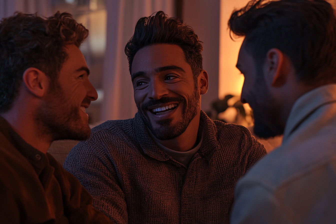 Drei Freunde sitzen in einem Wohnzimmer | Quelle: Midjourney