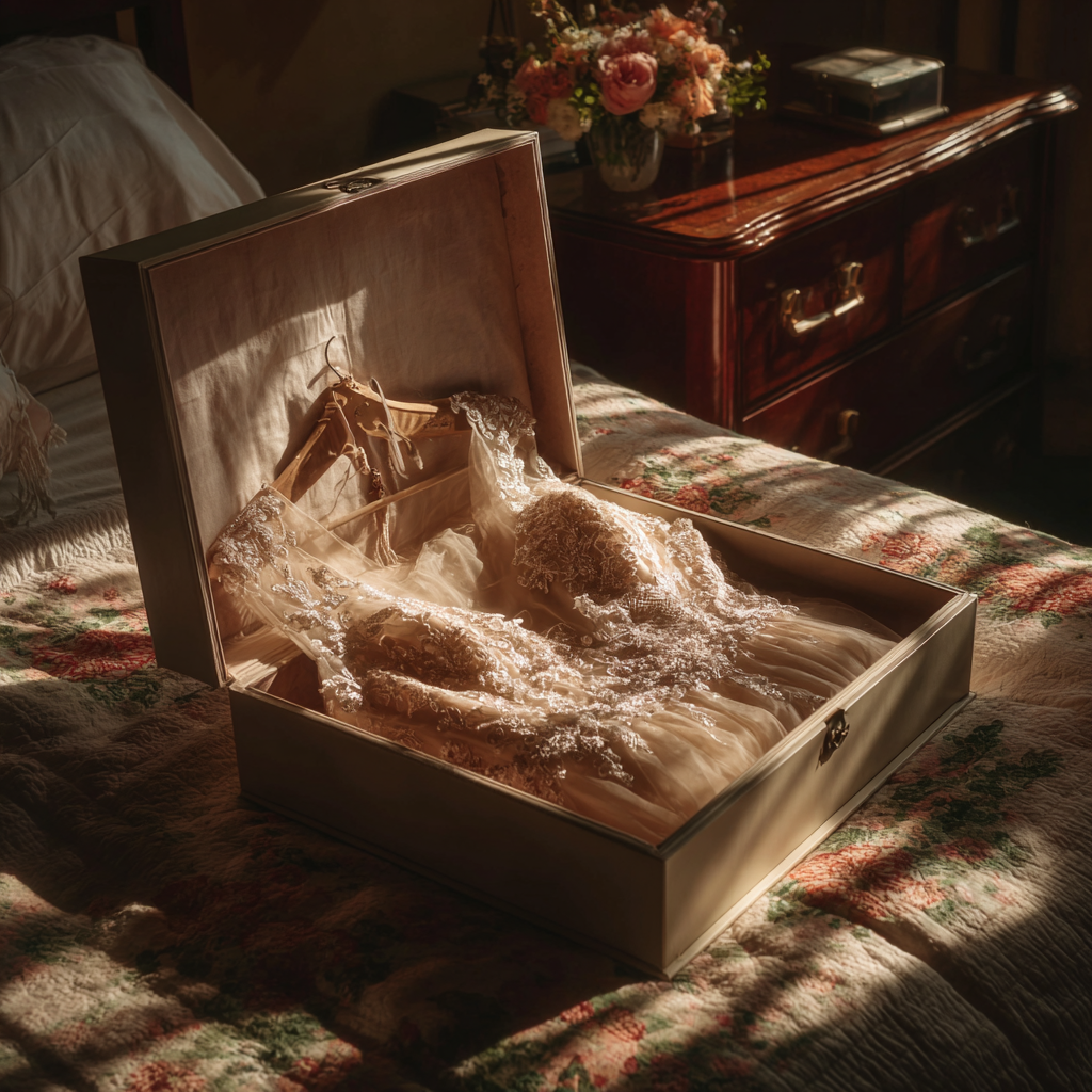 Ein Vintage-Hochzeitskleid in einer Schachtel | Quelle: Midjourney
