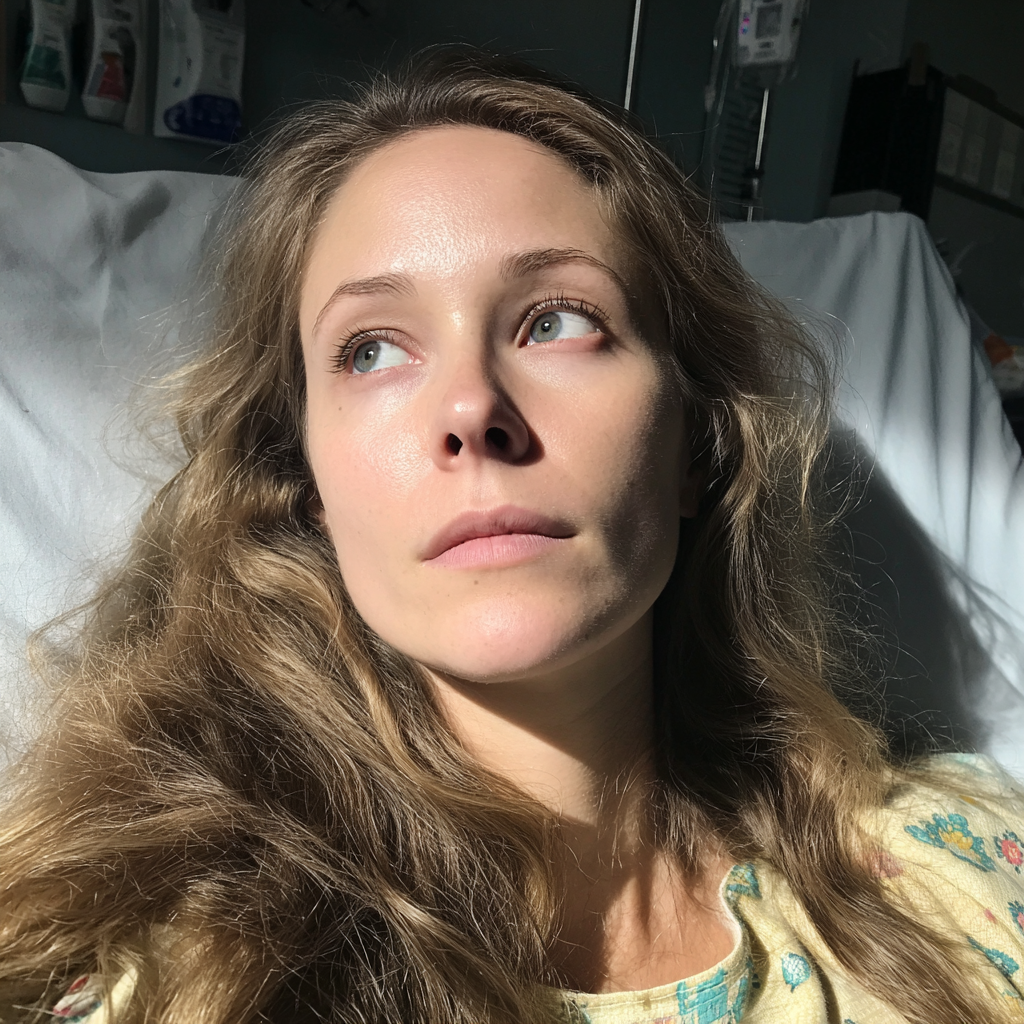 Eine nachdenkliche Frau, die in einem Krankenhausbett liegt | Quelle: Midjourney