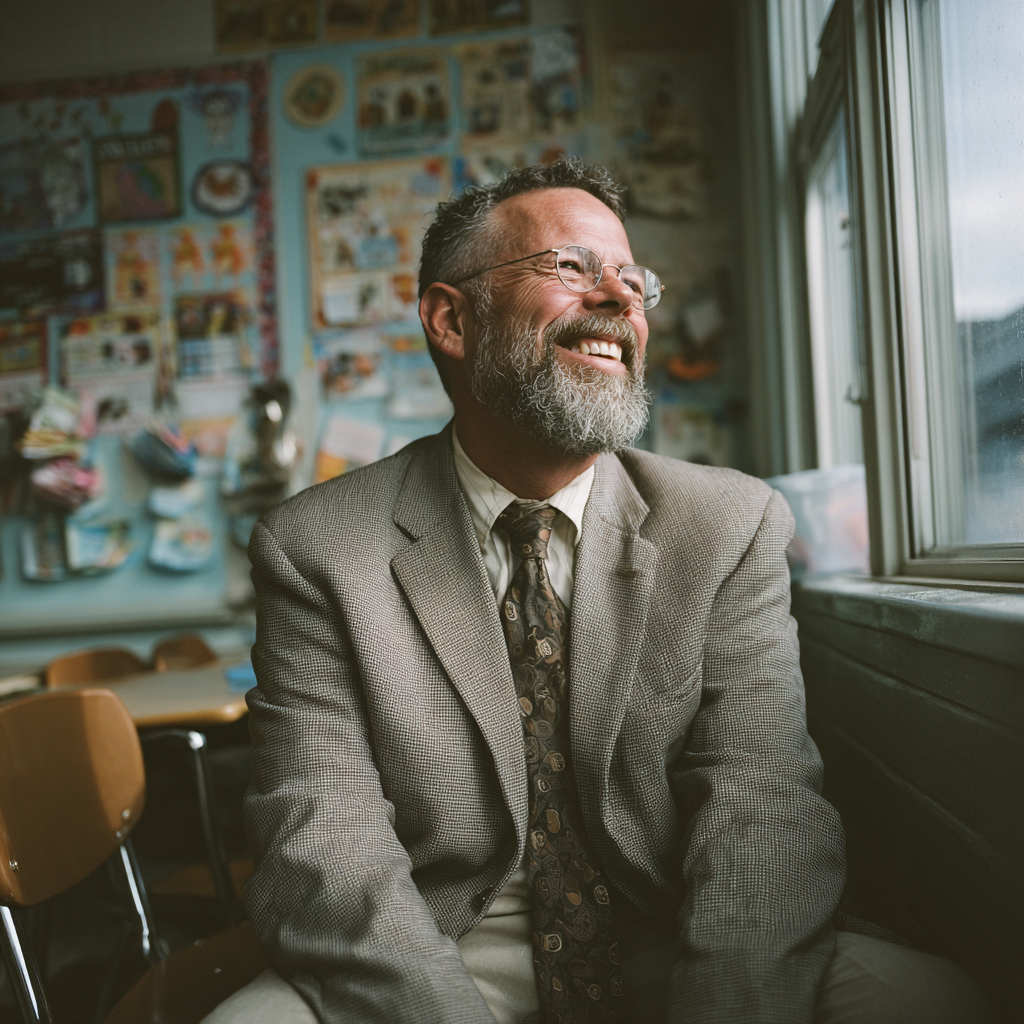 Ein Mann, der lachend auf einem kleinen Stuhl sitzt | Quelle: Midjourney