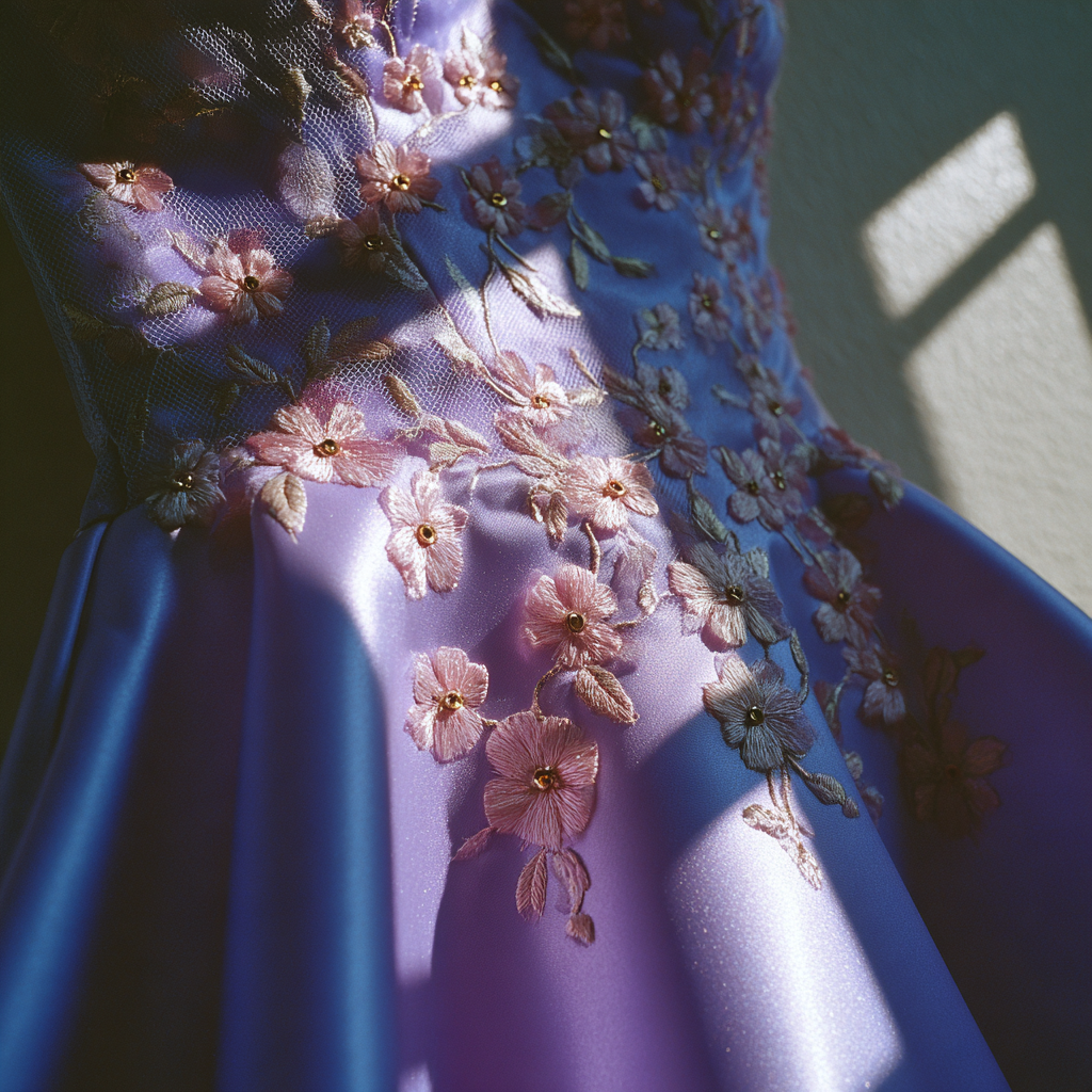 Eine Nahaufnahme der handgenähten Blumen auf einem Abschlussballkleid | Quelle: Midjourney