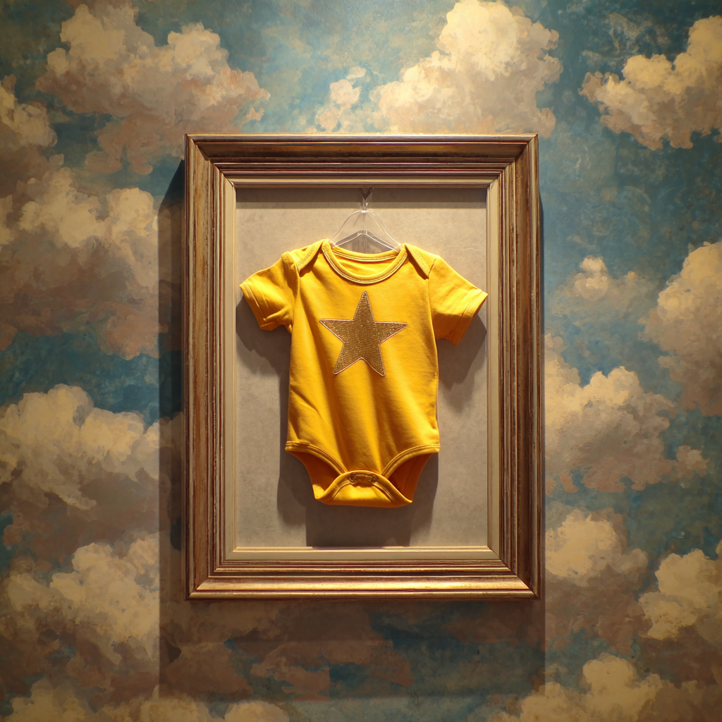 Ein gerahmter Baby-Strampler | Quelle: Midjourney