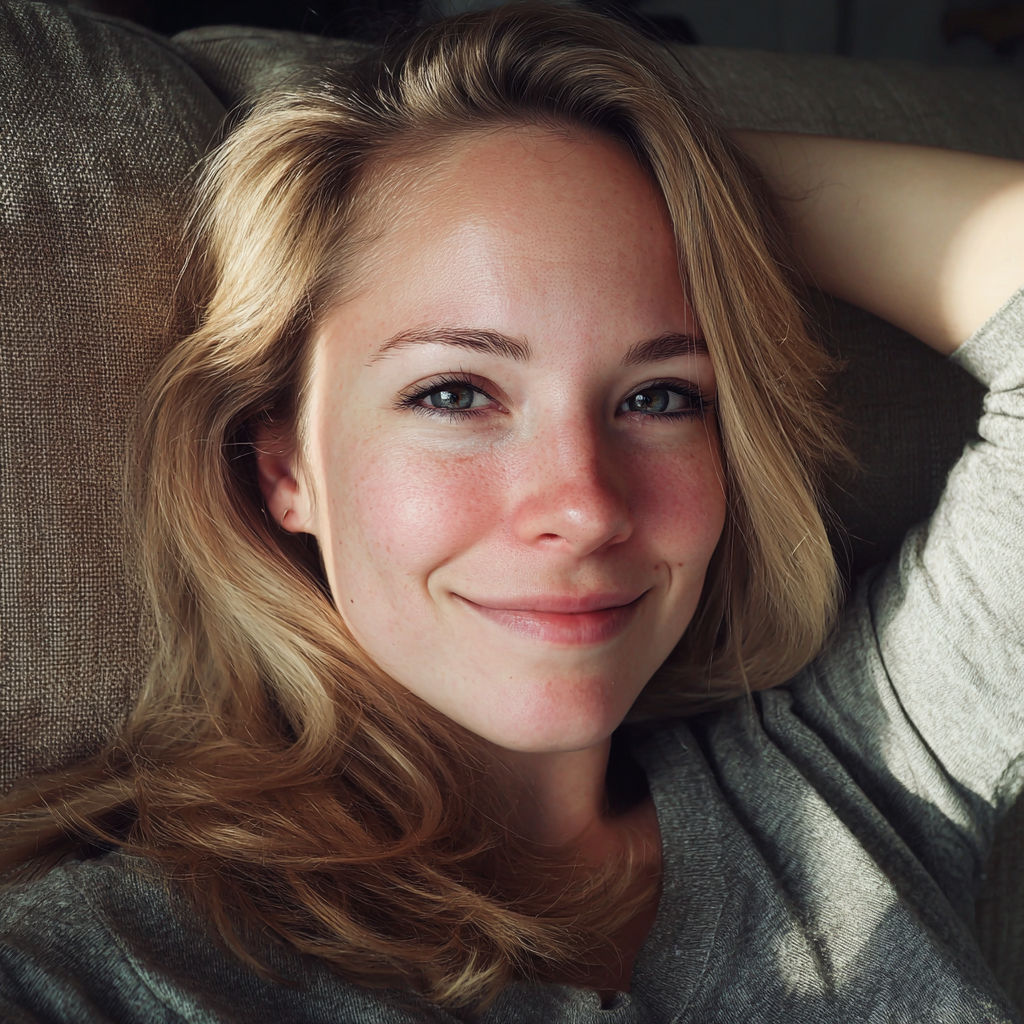 Eine lächelnde Frau, die auf einer Couch liegt | Quelle: Midjourney