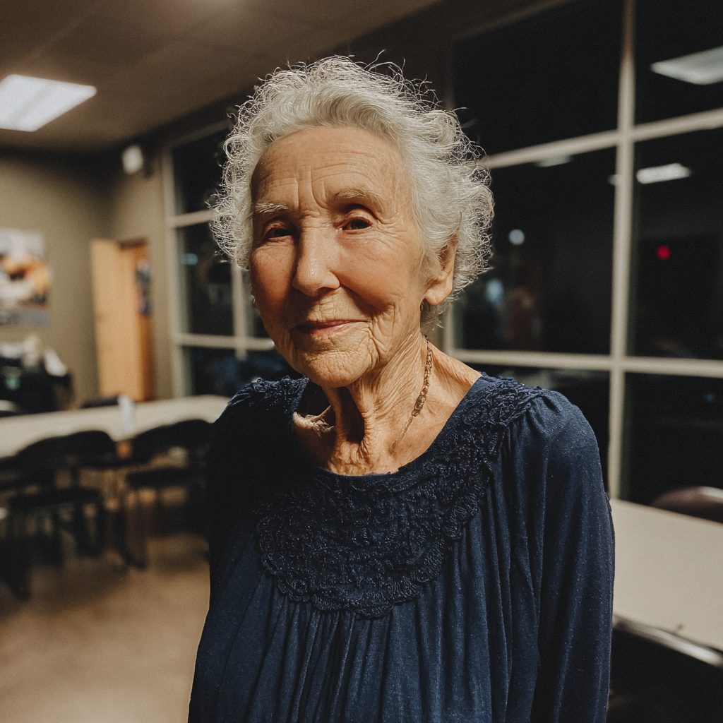 Eine lächelnde alte Frau in einem blauen Kleid | Quelle: Midjourney