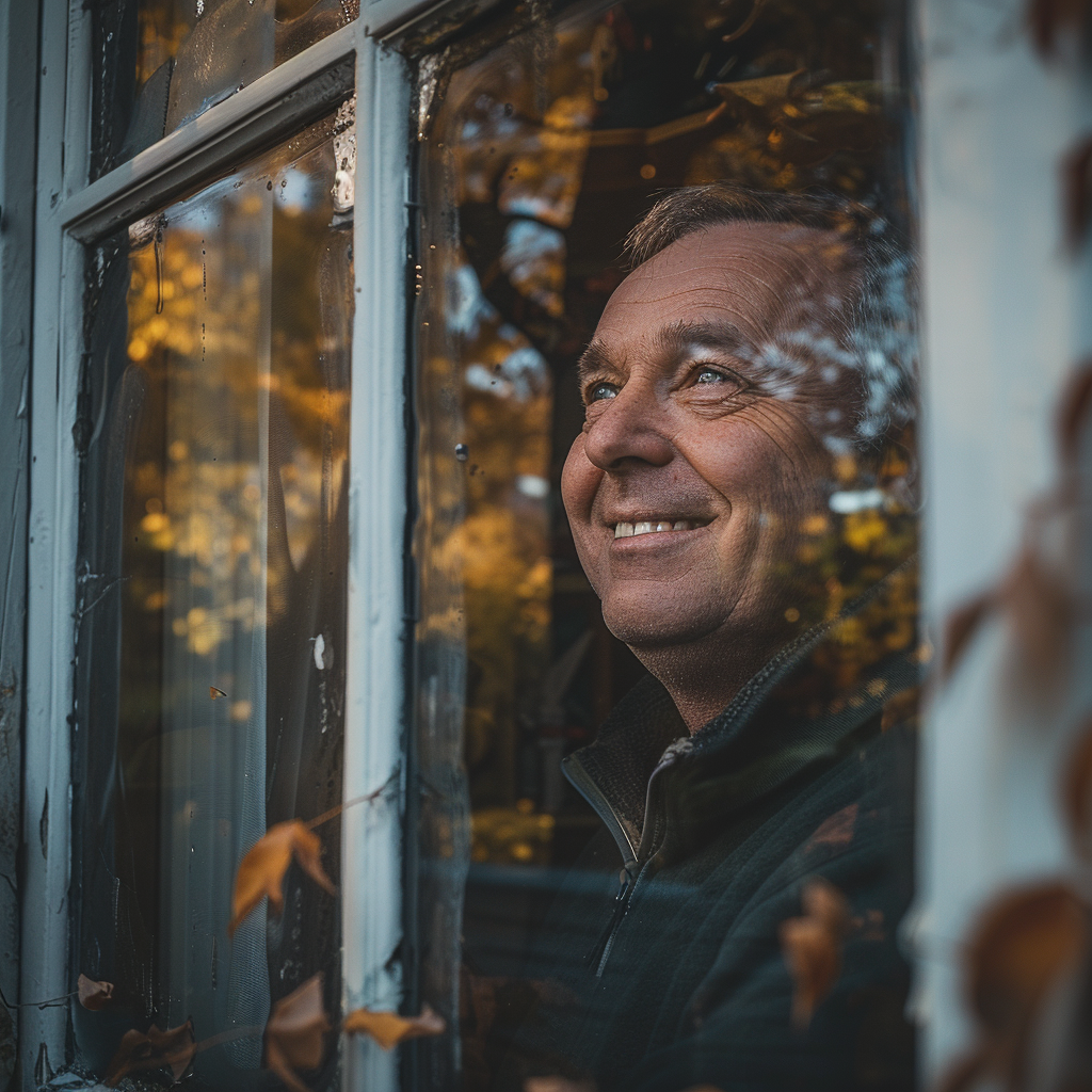 Ein Mann lacht, während er durch das Fenster seines Hauses späht | Quelle: Midjourney