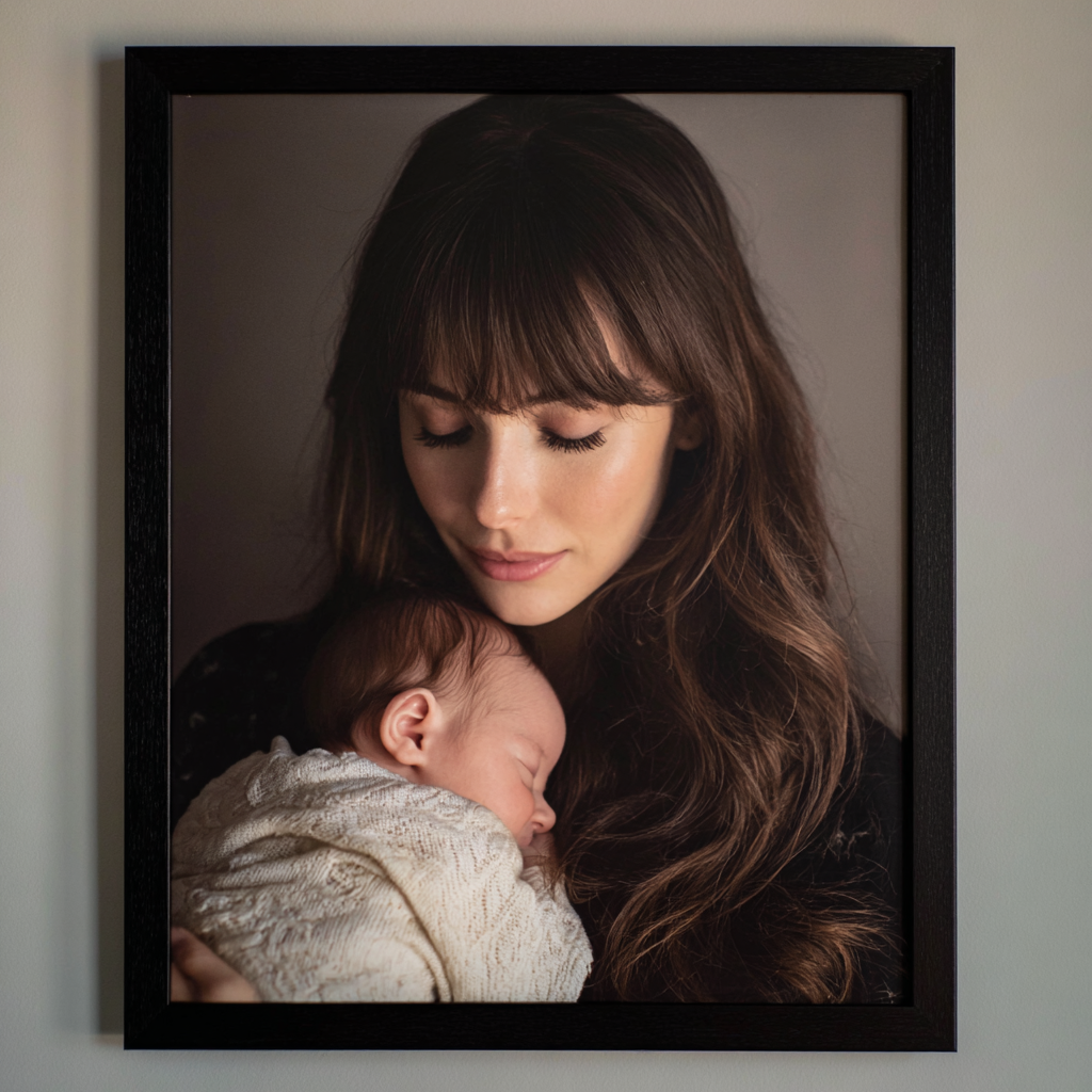 Gerahmtes Foto einer Frau, die ein Baby hält | Quelle: Midjourney