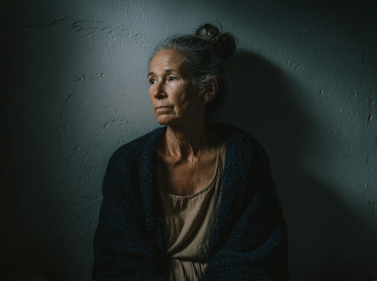 Eine alte Frau lehnt an einer Wand | Quelle: Midjourney