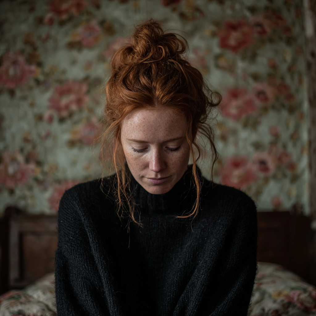 Eine emotionale Frau, die auf einem Bett sitzt | Quelle: Midjourney