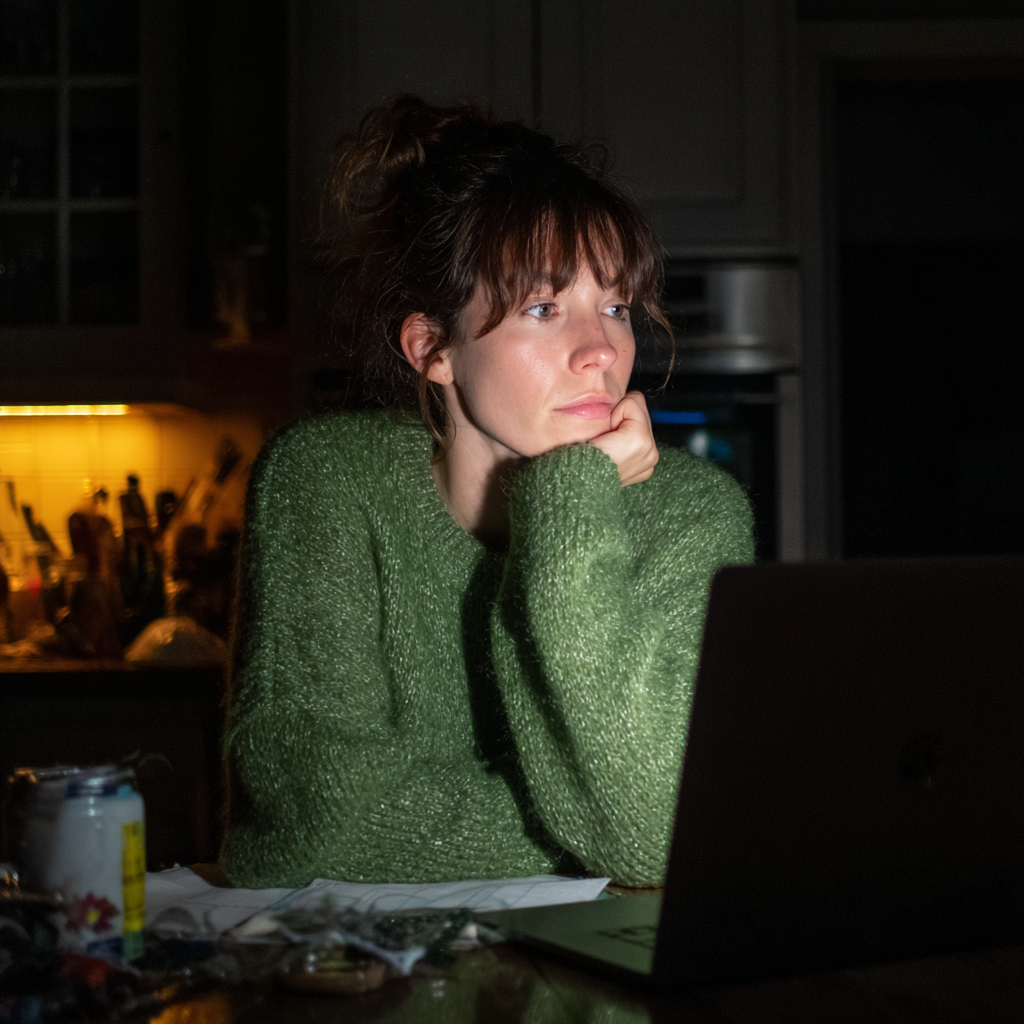 Eine Frau sitzt nachts an ihrem Laptop | Quelle: Midjourney