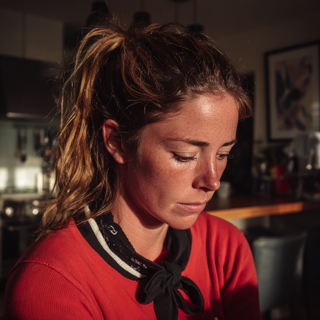Eine aufgebrachte Frau, die auf den Boden schaut | Quelle: Midjourney