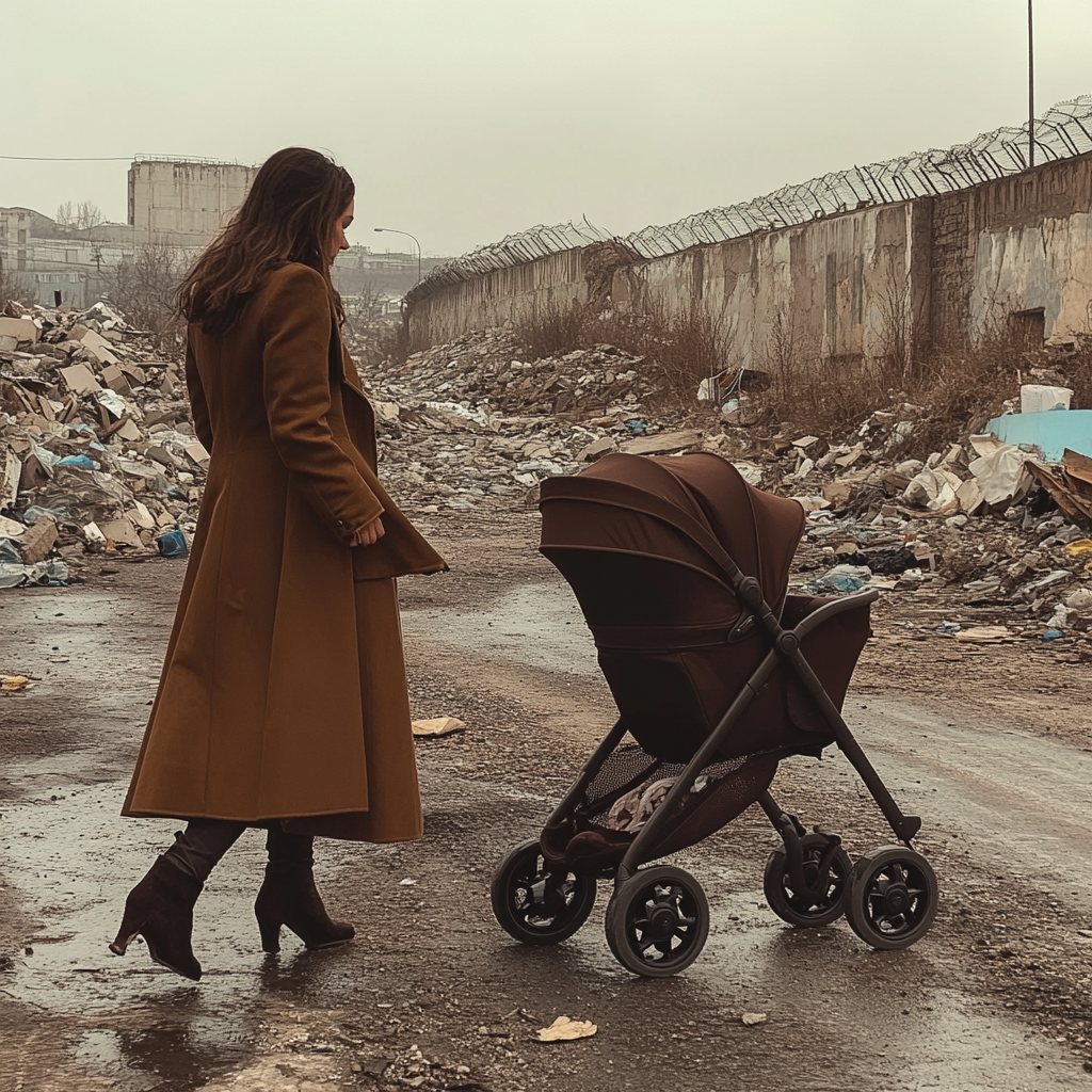 Wohlhabende Frau, die einen schicken Kinderwagen auf einer Mülldeponie abstellt | Quelle: Midjourney
