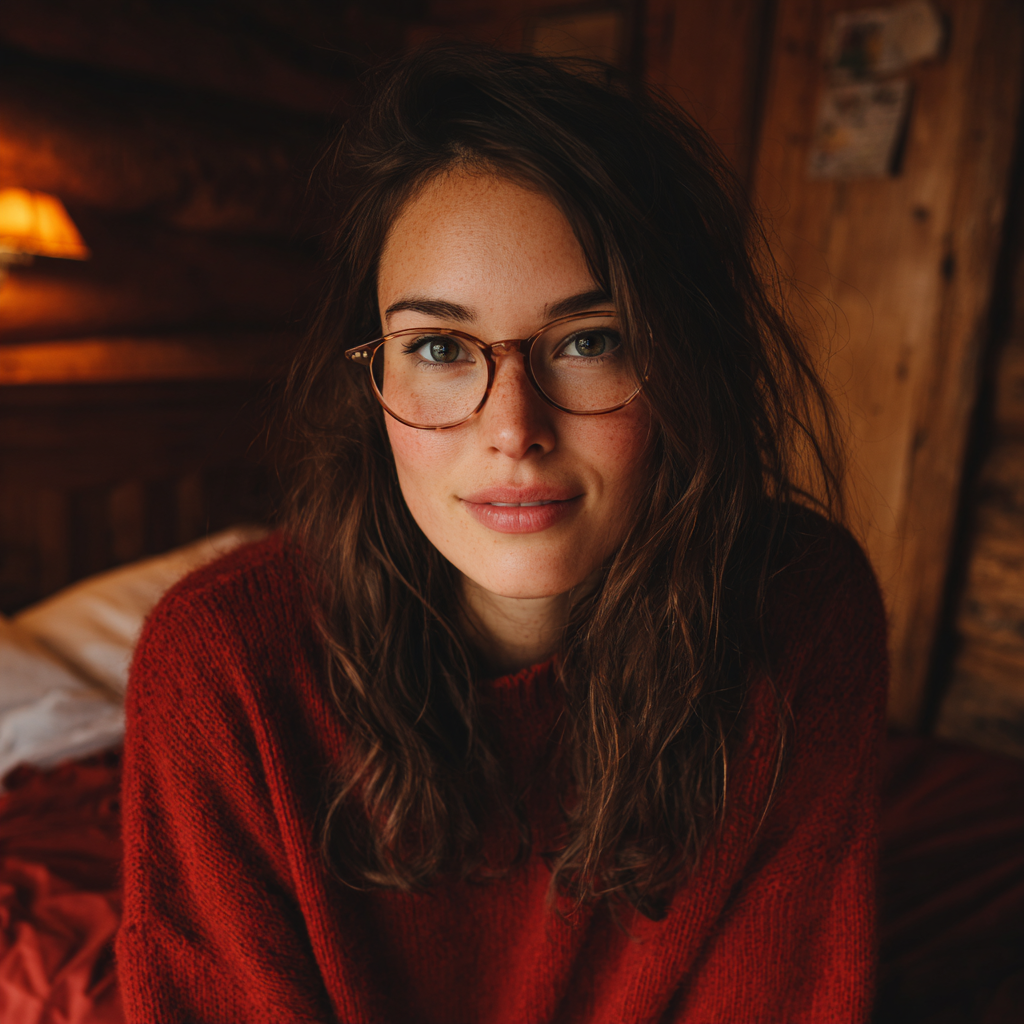 Eine lächelnde Frau, die auf einem Bett sitzt | Quelle: Midjourney