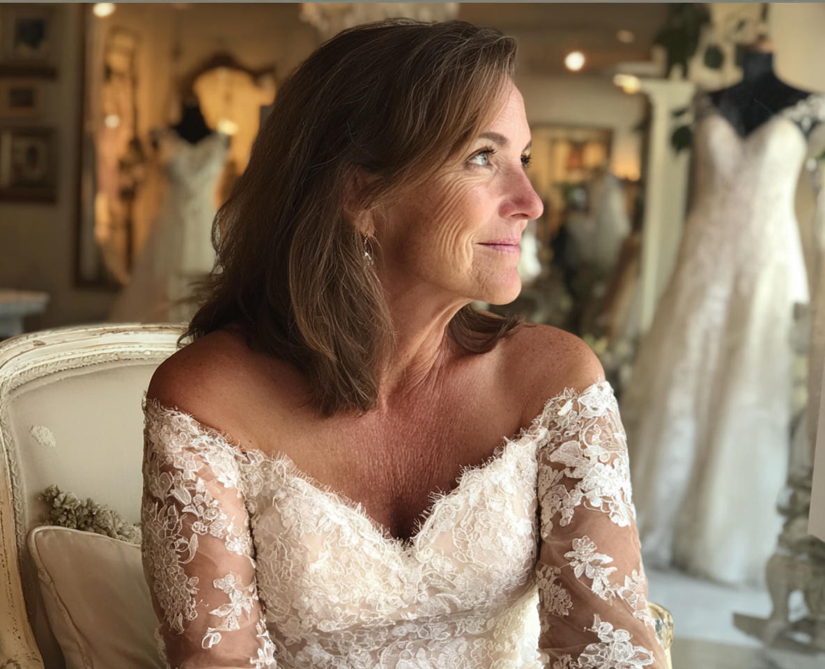 Eine Frau sitzt in einer Brautboutique | Quelle: Midjourney