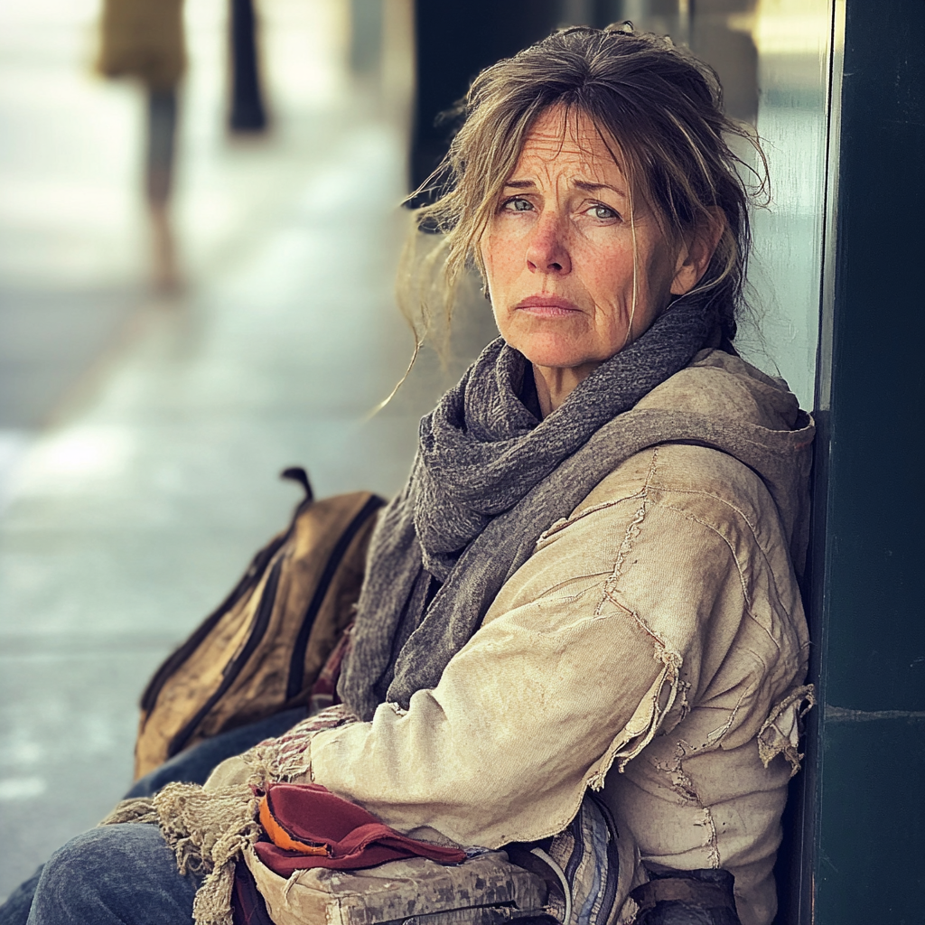 Eine Frau, die auf einem Gehweg sitzt | Quelle: Midjourney