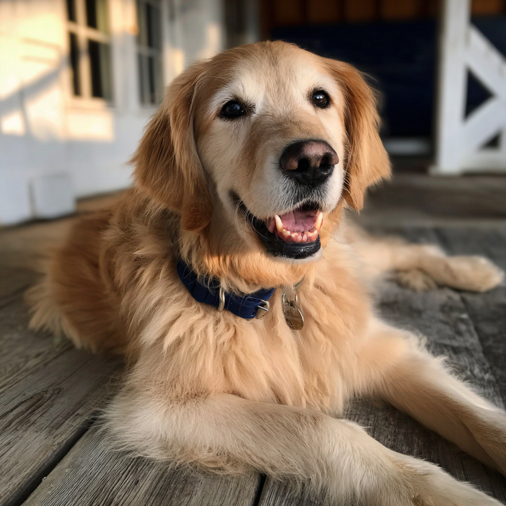 Ein Hund sitzt auf einer Veranda | Quelle: Midjourney