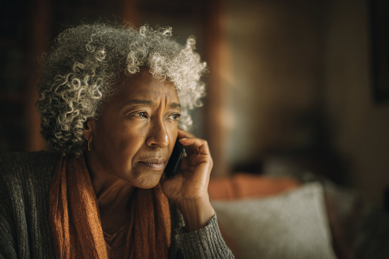 Eine Frau mit grimmigem Gesichtsausdruck, die mit ihrem Handy telefoniert | Quelle: Midjourney