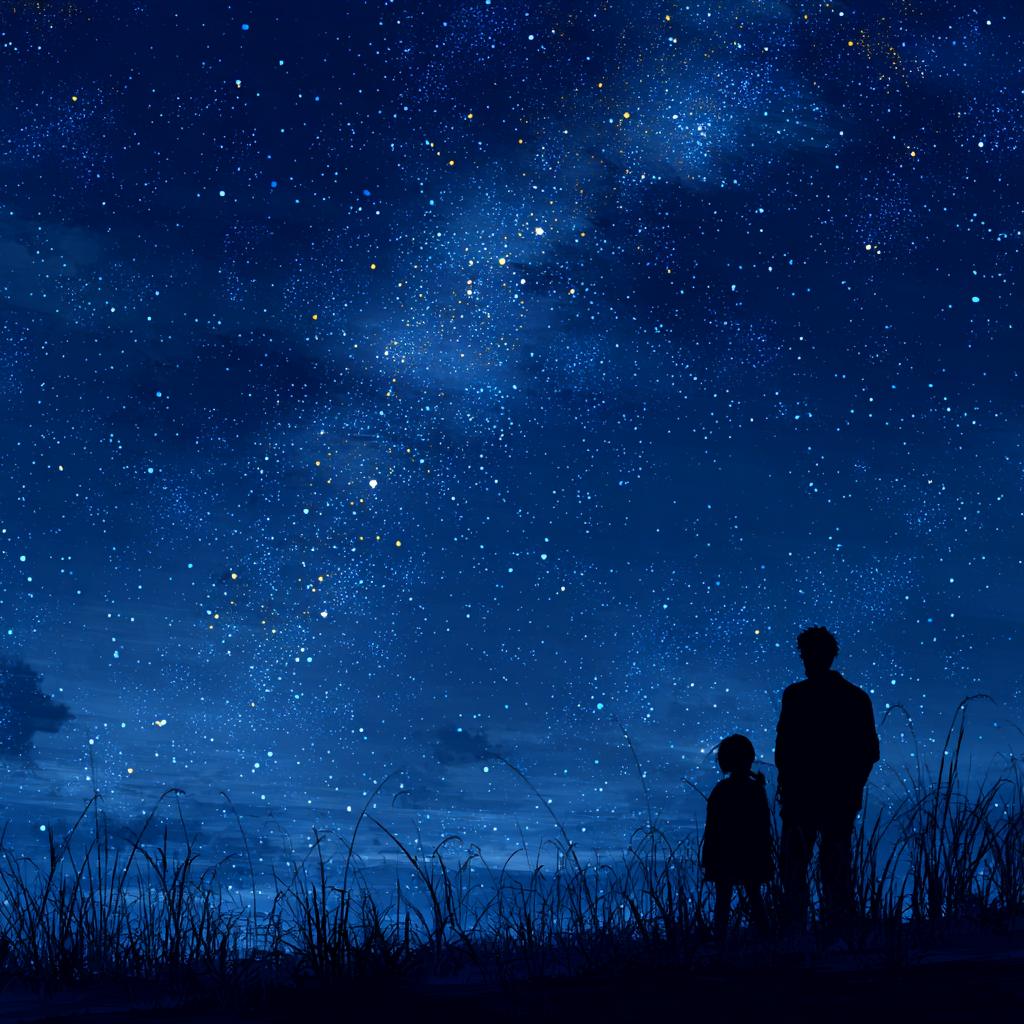 Silhouette eines Mannes und eines kleinen Mädchens, die den mit Sternen übersäten Nachthimmel beobachten | Quelle: Midjourney