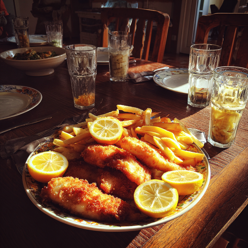 Ein Teller mit Fisch und Chips auf einem Tisch | Quelle: Midjourney