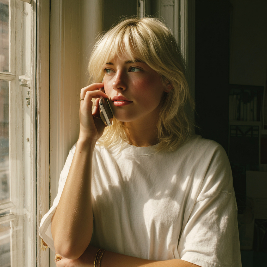 Eine Frau, die telefoniert und aus dem Fenster schaut | Quelle: Midjourney