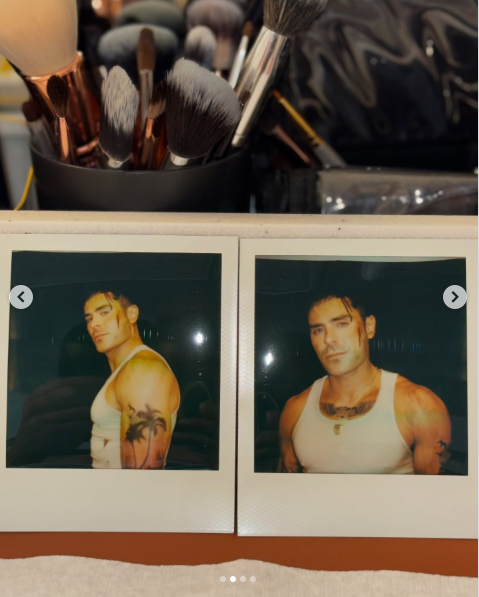 Ein Foto von Zac Efron in einer weißen Weste, die seine durchtrainierten Arme zeigt, vom Set seines neuen Films, gepostet am 14. Mai 2025 | Quelle: Instagram/zacefron