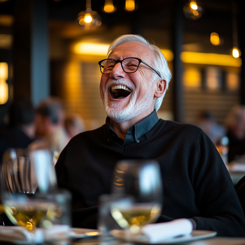 Ein älterer Mann brüllt vor Lachen, während er in einem gehobenen Restaurant sitzt | Quelle: Midjourney