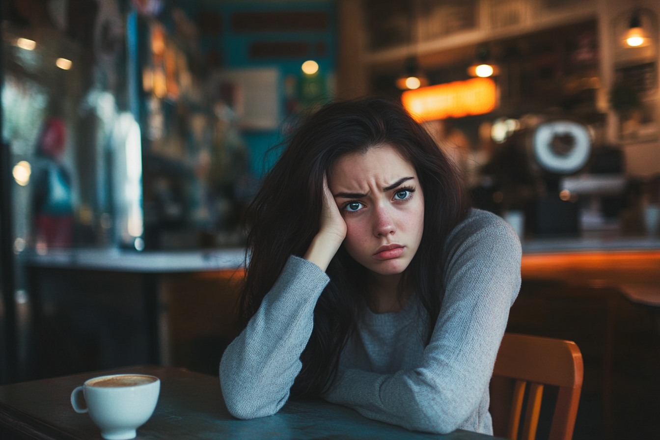 Eine fassungslose junge Frau in einem Coffee Shop | Quelle: Midjourney
