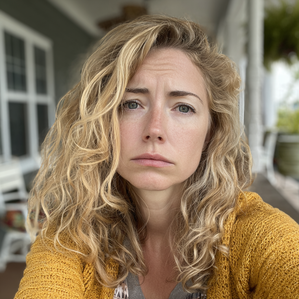 Eine Frau sitzt auf einer Veranda | Quelle: Midjourney