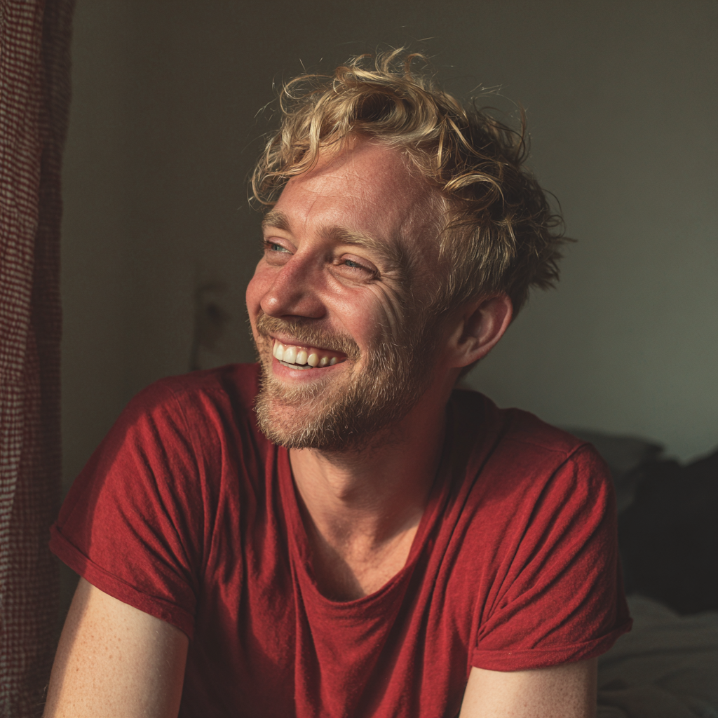 Ein lachender Mann am Fenster | Quelle: Midjourney