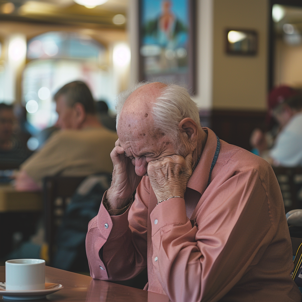 Ein älterer Mann weint, während er im Café eines Pflegeheims sitzt | Quelle: Midjourney