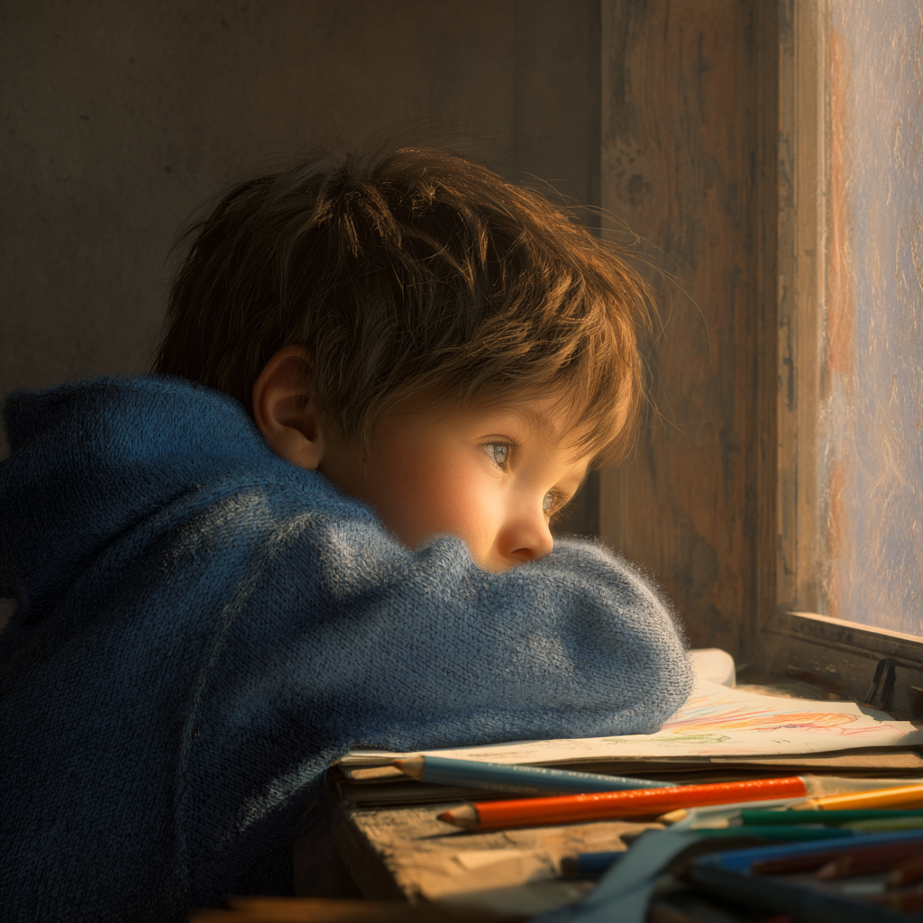 Ein trauriger kleiner Junge sitzt am Fenster | Quelle: Midjourney