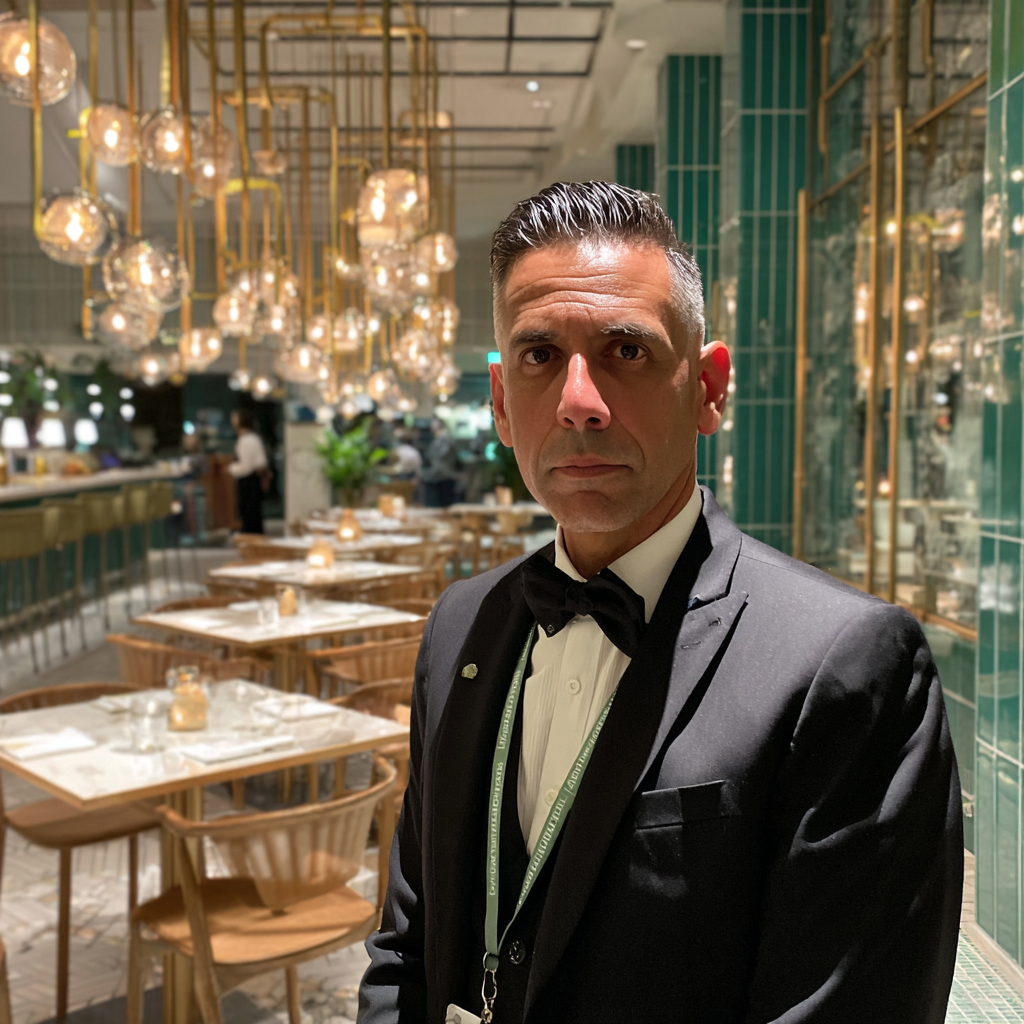 Ein Restaurantleiter in einem schwarzen Anzug | Quelle: Midjourney