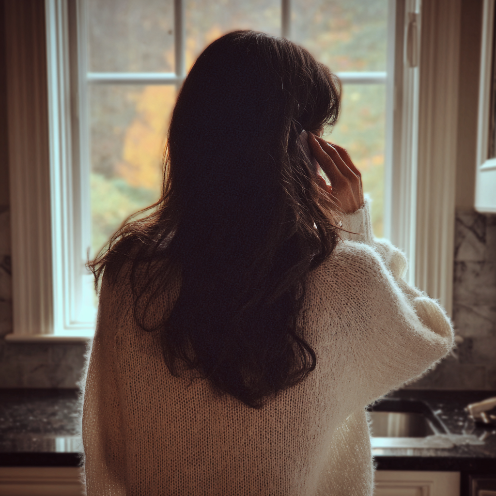 Eine Frau, die telefoniert und aus einem Fenster schaut | Quelle: Midjourney