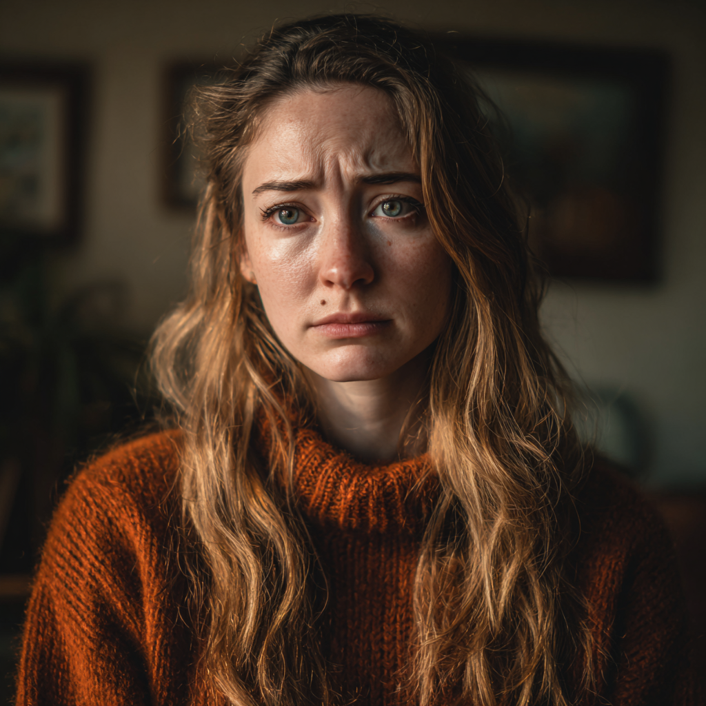 Eine emotionale Frau in einem Wohnzimmer | Quelle: Midjourney